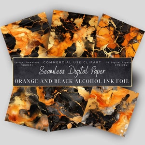 May include: A set of 30 digital papers featuring seamless patterns of orange and black alcohol ink with gold foil accents. The papers are 12 inches by 12 inches and 300 DPI.  These digital papers are for commercial use.
