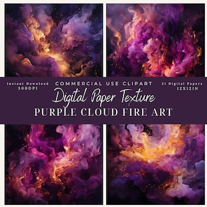 Puede incluir: Un paquete de papel digital con 21 texturas de nubes y fuego moradas y naranjas. Las texturas miden 12x12 pulgadas y 300 DPI. Descarga instantánea. Clipart de uso comercial.