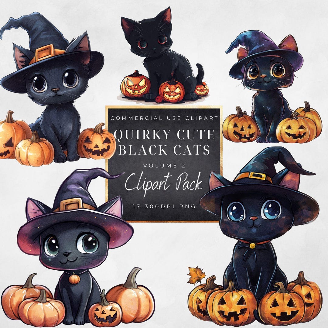 Quirky Cat Halloween Clipart-cute Black Cat- Png-whimsical