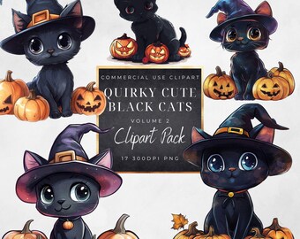 Quirky Cat Halloween Clipart-Cute Black Cat- PNG-whimsical commercial use clipart-cats and pumpkins-Jack o lanterns