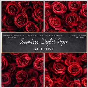 May include: A digital paper design featuring a collage of vibrant red roses. The image includes text that reads "Seamless Digital Paper" and "Red Rose". The design is available for instant download and commercial use.