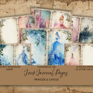 Fairytale Princess Junk Journal Digital Paper-Castle-Blue-Pink-Commercial Use-US Letter-Scrapbook-background art-Pages-Paper Crafts-supplies