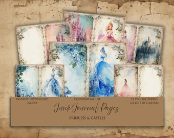 Fairytale Princess Junk Journal Digital Paper-Castle-Blauw-Roze-Commercieel gebruik-US Letter-Scrapbook-achtergrondkunst-Pagina's-Paper Crafts-benodigdheden