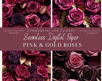 Pink & Gold Roses Seamless Digital Paper, Floral Patterns-rose backgrounds,12x12IN,Commercial Use, Valentine's Day, background Art