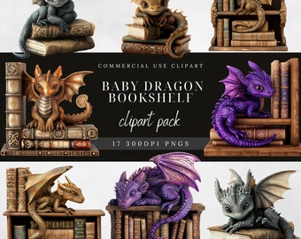 Baby Dragon Bookshelf Clipart: Fantasy PNG Graphics (Commercial Use)