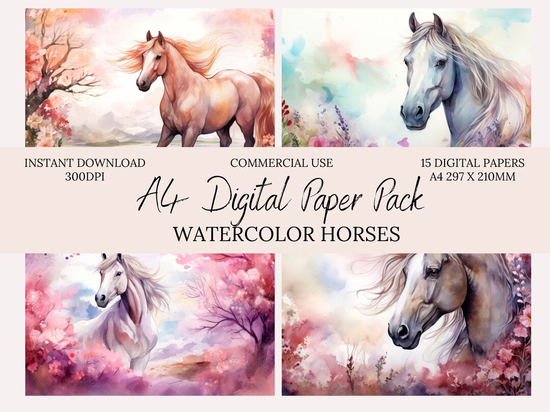 Watercolor Horse Digital Paper A4, Florals-equestrian Paper, Commercial ...