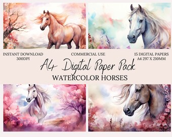 Watercolor Horse Digital Paper A4, Florals-Equestrian paper, Commercial Use, meadows, Floral backgrounds-scrapbooking-junk journal pages