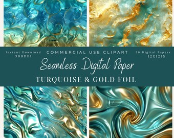 Teal & Gold Foil Seamless Digital Paper patterns-Commercial use-Scrapbook-background art-Metallic-Turquiose Blue Green-swirls-wavy texture