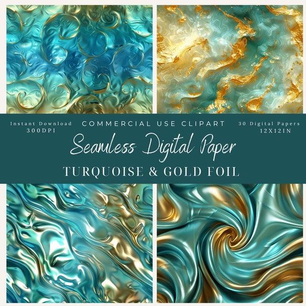 Turquoise & Gold Foil Seamless Digital Paper patterns-Commercial use-Scrapbook-background art-Metallic-Teal Blue Green-swirls-wavy texture