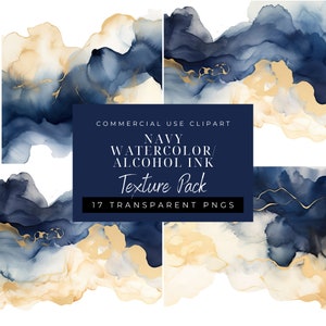 Navy & Gold Aquarell Alkohol Tinte Texturen: PNG Clipart (digitaler Download)