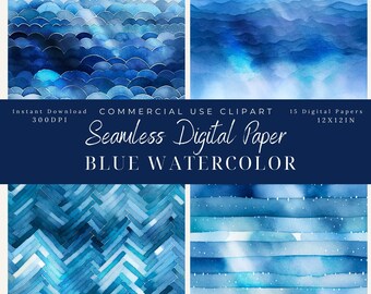 Blau Aquarell Nahtloses Digitalpapier-Meerjungfrauschuppen-blauer Himmel-Chevron-Ozeanwellen -Aquarellmuster-Scrapbook-digitale Hintergründe