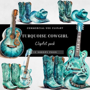 Turquoise cowgirl clipart - cowgirl-jolie cowgirl sarcelle clipart-botte de cow-girl-chapeau de cow-girl-guitare-usage commercial