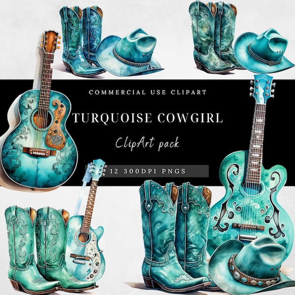 Turquoise Cowgirl clipart- Teal Cowgirl-cute cowgirl clipart- cowgirl boot-cowgirl hat- guitar-Commercial use