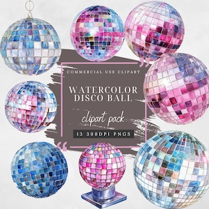 Watercolor Disco Ball Clipart: 70s Retro PNG Graphics (Digital Download)