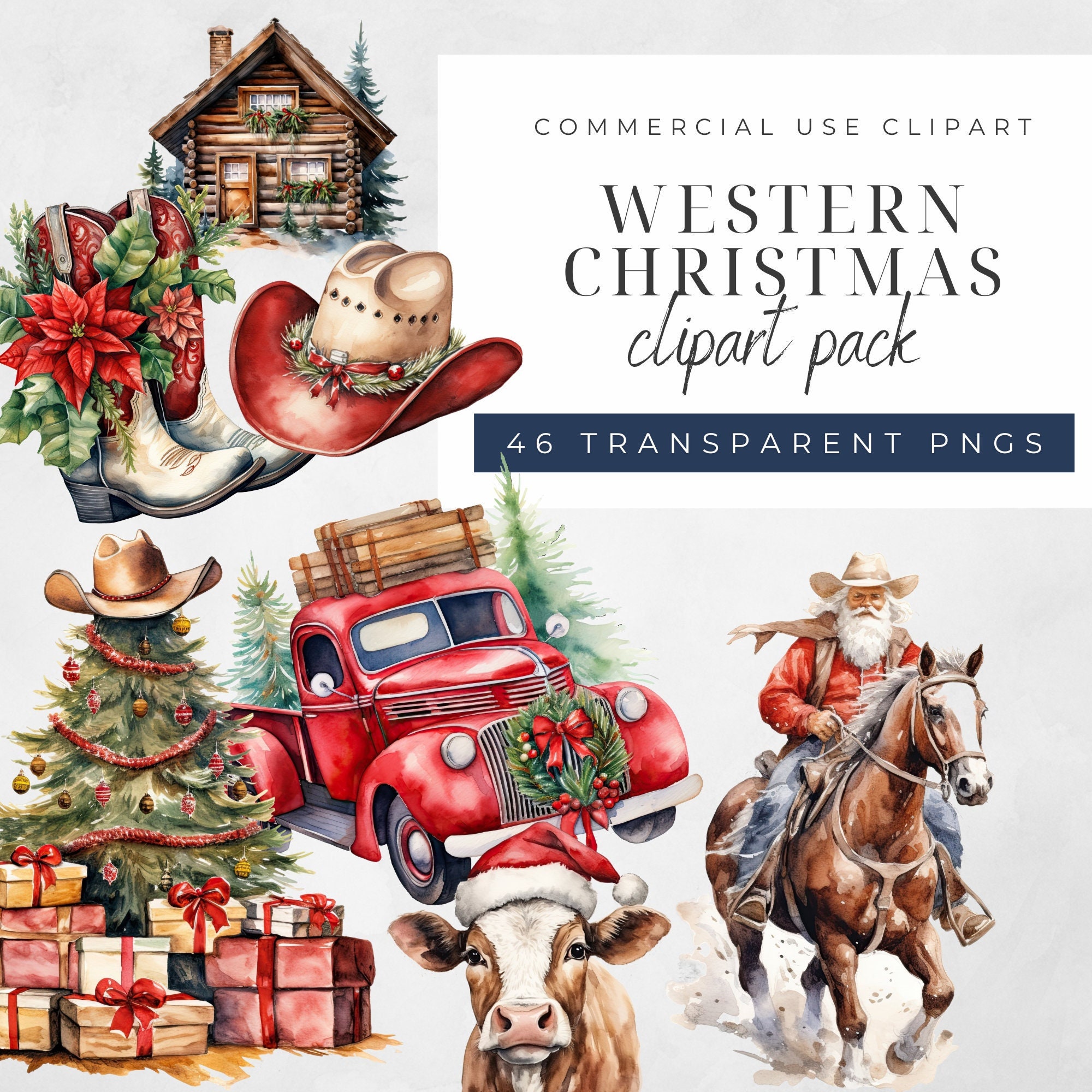 Watercolor Western Christmas Clipart Pack western Santa Cowboy Santa