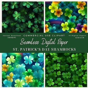 St. Patrick&#39;s Day Shamrock & Rainbow Seamless Digital Paper, clovers, 12x12IN, Commercial Use, rainbow shamrocks, Scrapbook-backgrounds