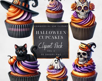 Halloween Cupcakes Clipart-dessert-treats-Trick or Treat-Spooky Watercolor- PNG-commercial use