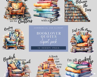 Watercolor Book Lover Clipart Bundle: Reading Quotes (PNG, 300DPI)