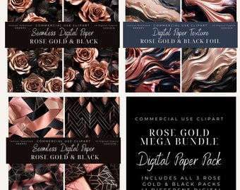 Rose Gold & Black Digital Paper clipart Mega Bundle-Rose Gold metallic textures-Commercial Use-Scrapbook-Roses-Foil-Patterns-Background Art