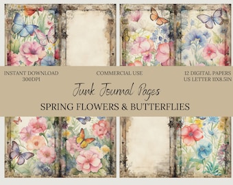 Spring Flowers & Butterflies Junk Journal Digital Paper-Commercial Use-US Letter-Scrapbook-background art-Paper Crafts-supplies
