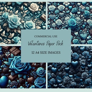 Dark Blue Valentine's Clipart-Chocolate, corazones y patrones de flores-Uso comercial-Papel digital A4-Álbum de recortes-fondos-Diario basura