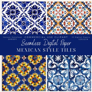 Mexican Tile Digital Paper seamless patterns Clipart, Floral Patterns-tile backgrounds, Commercial Use, blue Mexican Style tiles, Azuel