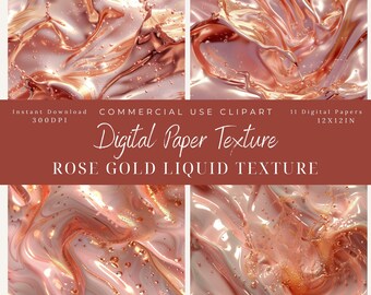 Rose Gold Liquid Texture Digital Paper: Metallic Clipart (300DPI)