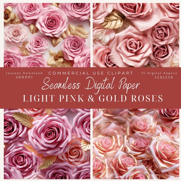 Light Pink & Gold Roses Seamless Digital Paper, Floral Patterns-rose backgrounds,12x12IN,Commercial Use, Valentine's Day, background Art