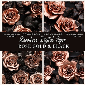 Rose Gold & schwarze Rosen nahtlose digitales Papier Clipart, gotische Blumenmuster-rose Hintergründe, kommerzielle Nutzung, Hochzeit, Hintergrund