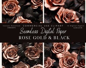 Rose Gold & Black Roses Seamless Digital Paper: Gothic Floral Clipart (Digital Download)
