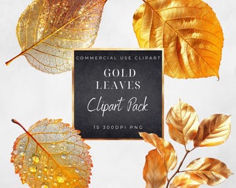 Gold Leaves Clipart Pack, Watercolor Gold Foil Leaves, Autumn Fall Clip Art for Scrapbooking & Crafts