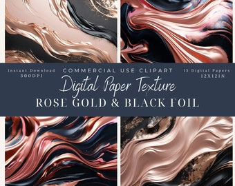 Rose Gold & Black Foil Digital Paper: 12x12 Texture Clipart (Commercial Use)