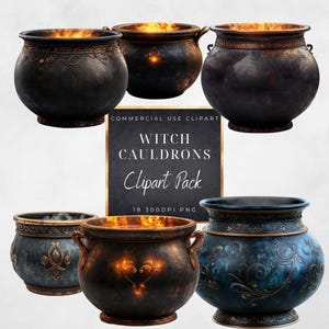May include: Set of six vintage-style witch cauldrons with flames and smoke. The cauldrons are made of metal and have intricate details.  The cauldrons are perfect for Halloween decorations or for use in fantasy or medieval-themed projects.