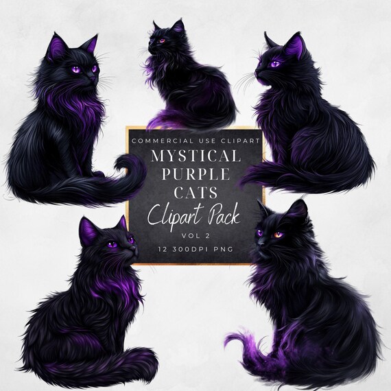 Mystical Black Cat Clipart- Magical Purple Witch Cat-Spooky-Magic School pet-Halloween- PNG-commercial use