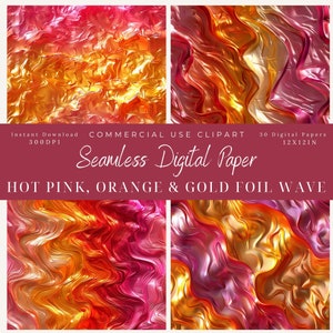 Hot Pink, Orange & Gold Folie Nahtloses Digital Papier-Kommerzielle Nutzung-Scrapbook-Hintergrund Kunst-Metallic-Sonnenuntergang-Retro-Neon Farbe-wellige Textur