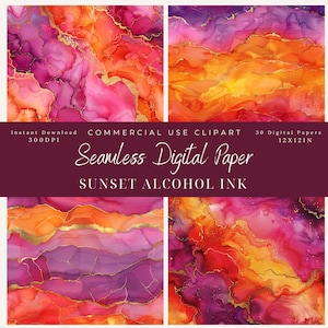 Sonnenuntergang Alkohol Tinte Glitzer Nahtloses digitales Papier Muster-Kommerzielle Nutzung-Scrapbook-Hintergrund Kunst-Metallic-Golden Sonnenuntergang Orange-Pink-Lila
