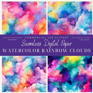 Watercolor Rainbow Clouds Seamless Digital Paper Clipart, cloud Patterns-colorful backgrounds, Commercial Use, Pastel Rainbow, vibrant