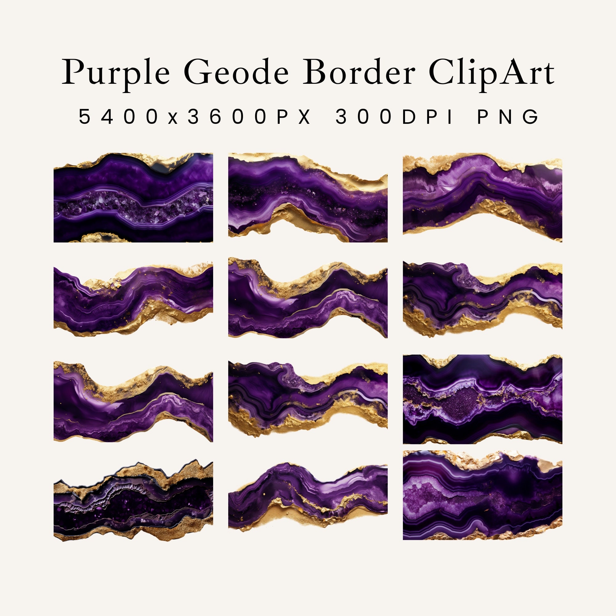Purple Geode Border Clipart: Gold Texture, Amethyst Gemstone (digital ...