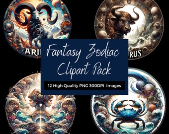 Mystical Zodiac Sign Clipart Bundle: Fantasy Astrology Art (PNG Digital Download)
