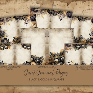 Masquerade Junk Journal paper-Digital Paper-Black and Gold Florals-Scrapbook-background-Craft-distressed shabby chic-venetian mask