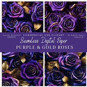 Purple Rose Digital Paper: Gold Floral Patterns (12x12in, 300 DPI)