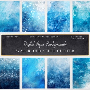 Watercolor Light Blue Glitter Backgrounds-Digital Papers-Paper Craft Supplies-Scrapbooking-Junk Journal-Background Art-invitation background