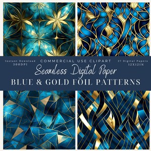 Blue & Gold Foil Patterns Seamless Digital Paper Clipart-Commercial use-Scrapbook-background art-texture-Royal blue-Navy-Metallic