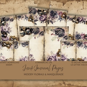 Masquerade Mask Junk Journal paper-Digital Paper-purple moody flower-Scrapbook-background-Craft-distressed vintage shabby chic-venetian mask