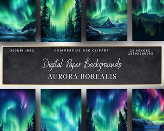 Northern Lights Digital Paper Clipart-Backgrounds-Paper Craft Supplies-Scrapbooking-Junk Journal-Background Art-invitation background