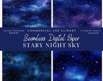 Stary Night Sky Seamless Digital Paper Clipart-Galaxy stars pattern-Commercial Use-12x12in-digital paper patterns-Scrapbook-background art
