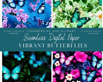 Butterfly Floral Seamless Digital Paper: Vibrant Spring Patterns (Digital Download)