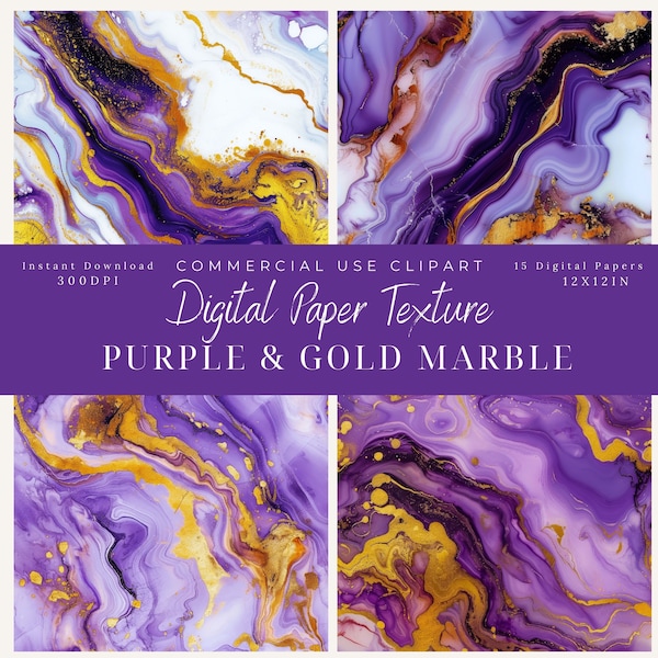 Purple and Gold Marble Digital Paper texture background clipart-Commercial Use-marble patterns-Scrapbook- Vibrant Purple-Royal Purple