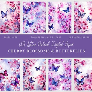 Frühling lila Schmetterling Kirschblüte, digitales Papier, US Letter, Frühlingsblumen, Frühlingshintergrund, kommerzielle Nutzung, digitales Scrapbooking