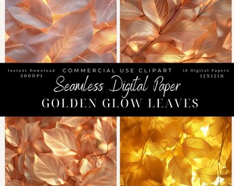 Golden Glow Leaves Digital Paper: Rose Gold Floral Patterns (Commercial Use)